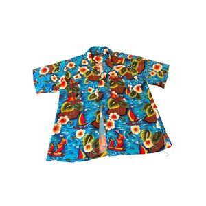 Hawaiian Mens Button-Up Shirt With Tropical Design & Sailboat Print